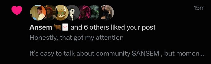 A social media notification showing that 'Ansem and 6 others liked your post' with the caption 'Honestly, that got my attention' and a comment mentioning '$ANSEM'.