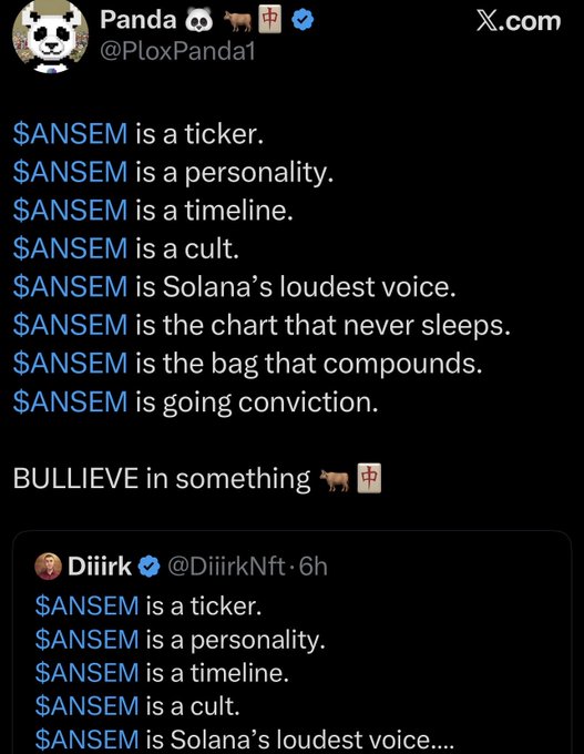 A screenshot of an X (Twitter) post by Panda (@PloxPanda1) about the ticker $ANSEM, describing it as a ticker, personality, timeline, cult, and 'Solana's loudest voice.'