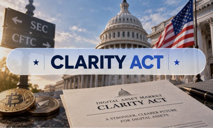 A graphic featuring the U.S. Capitol building, American flag, and 'CLARITY ACT' banner, with a document titled 'DIGITAL ASSET MARKET CLARITY ACT' and Bitcoin/Ethereum coins in the foreground.
