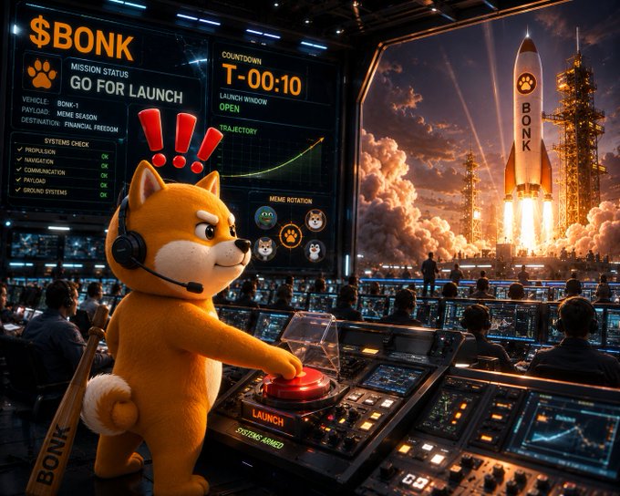 A determined $BONK Shiba Inu mascot, wearing a headset and wielding a baseball bat, presses the red "LAUNCH" button at a high-tech control center as a $BONK rocket lifts off into a golden sky. The mission control screen displays "T-00:10 COUNTDOWN," "MISSION STATUS: GO FOR LAUNCH," and "LAUNCH WINDOW: OPEN," perfectly capturing the "meme season countdown" hype for the $BONK token launch.