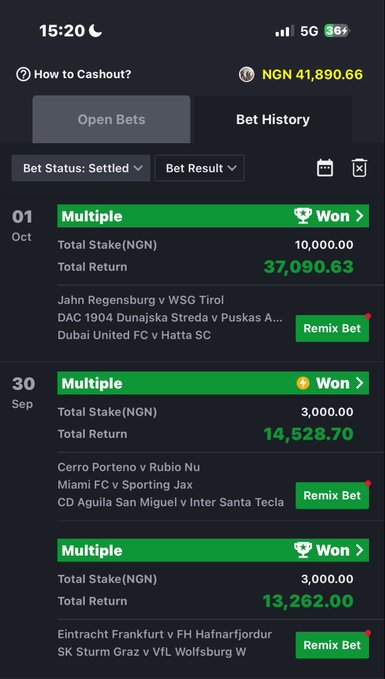 A mobile screenshot of a sports betting app showing a Bet History with three settled winning multiple bets: 10,000 NGN stake yielding 37,090.63 NGN return on Oct 1, 3,000 NGN stake yielding 14,528.70 NGN return on Sep 30, and another 3,000 NGN stake yielding 13,262.00 NGN return, with an account balance of NGN 41,890.66 displayed at the top. The winning bets contradict the "Web3 My ass, i am done" caption, suggesting the user is sarcastically expressing frustration despite their successful betting results, possibly implying the payouts still aren't worth the hassle.