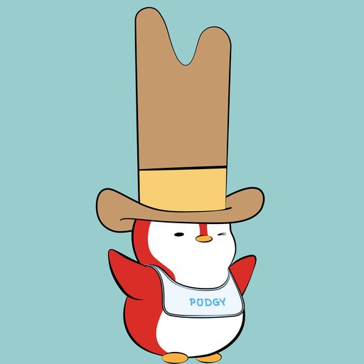 A cartoon mascot of a red and white bird character labeled 'PODGY' wearing a large brown cowboy hat.