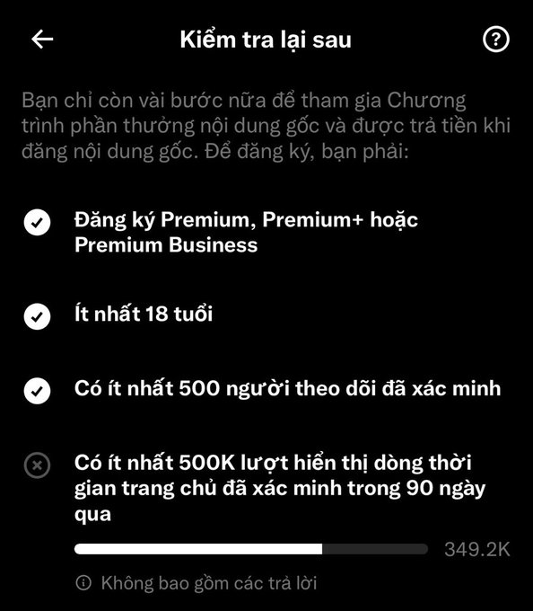 Vietnamese-language Twitter/X monetization eligibility screen showing requirements checked off including Premium subscription, being at least 18 years old, and 500 verified followers, with the 500K impressions requirement not yet met (349.2K shown).