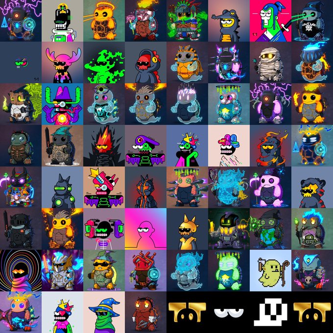 A grid showcasing numerous colorful digital character illustrations and NFT-style avatars featuring various monsters, robots, and creatures with glowing effects, lightning, and unique designs, with some abstract symbols at the bottom.