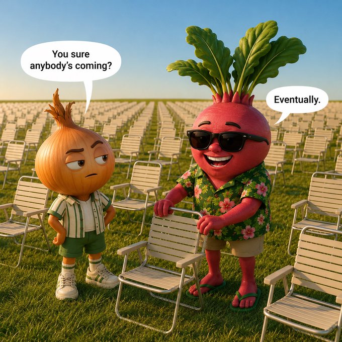 A humorous digital illustration featuring an anthropomorphic onion asking a beet wearing sunglasses, 'You sure anybody's coming?' to which the beet replies, 'Eventually.', in a field of empty chairs.