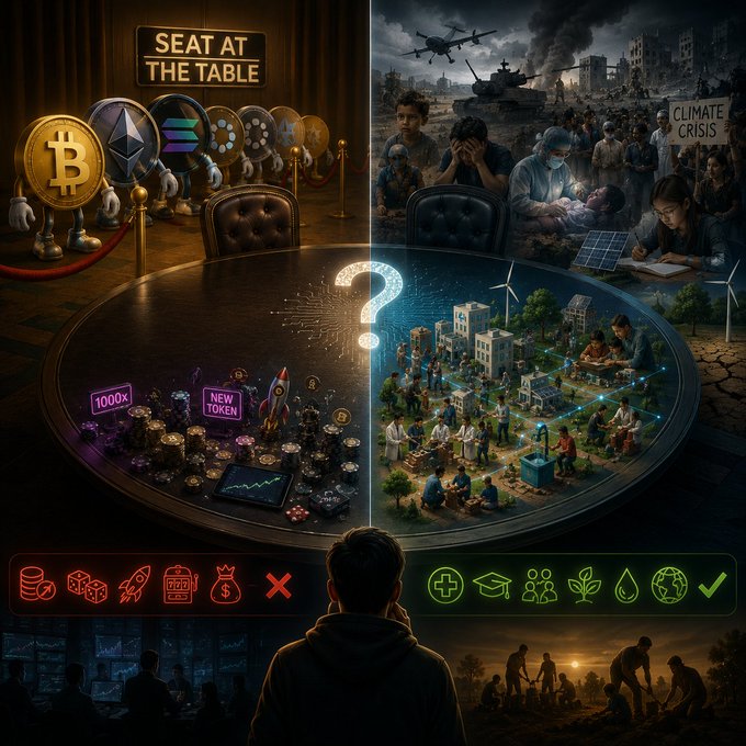 Digital artwork depicting a person viewing a divided scene showing cryptocurrency wealth and coins on the left versus climate crisis devastation on the right, symbolizing a moral choice.