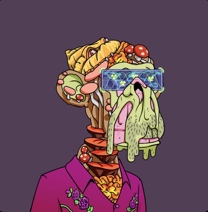 A surreal digital artwork of a figure in a purple floral shirt whose head has transformed into a grotesque melting mass of pizza, burgers, and mushrooms wearing futuristic sunglasses.
