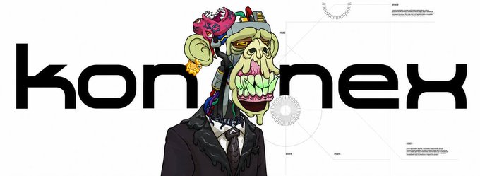 The image displays the stylized wordmark "KONNEX" alongside a surreal illustration of a suited figure with a grotesque, exposed-brains skull head, reflecting the project's focus on building a decentralized AI network as mentioned in the accompanying post about @konnex_world.