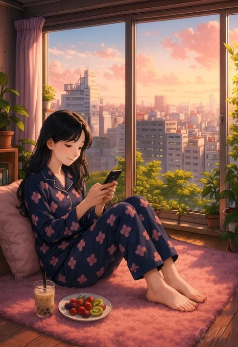 An anime-style illustration of a young woman with long dark hair wearing floral pajamas, sitting on a pink rug and looking at her phone, with a city view through a large window behind her.
