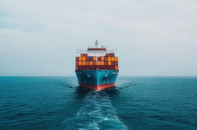 A large blue container ship loaded with colorful shipping containers sailing on a calm teal ocean under a hazy sky.