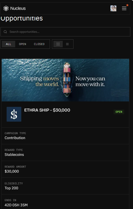A mobile screenshot of the Nucleus platform showing an Opportunities page with an ETHRA SHIP campaign offering $30,000 in stablecoins for contributions from the Top 200 eligible participants.