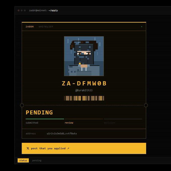 A screenshot of a terminal-based application interface titled "ZADDR WHITELIST" displays a pixel art avatar, a barcode, the text "ZA-DFMW0B", and a "PENDING" status.