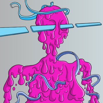 A pink, dripping humanoid figure with blue tape wrapped around its eyes and blue wires threading through its melting body, evoking a surreal, fluid state of dissolution. The bold, glitchy aesthetic aligns with the energetic tone of the post celebrating another set of @LASTG3N's PROG3Ns.
