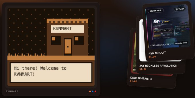 A retro-style pixel art screen labeled 'RVNMART' showing a storefront with the text 'Hi there! Welcome to RVNMART!', alongside floating cards displaying items like 'Wallet Vault', 'RVN CIRCUIT', 'JAY R3CKLESS REVOLUTION', and 'DECK1@HEART 8'.