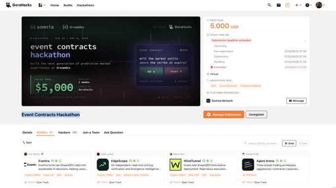 A screenshot of a DoraHacks hackathon page for 'Event Contracts Hackathon' showing a $5,000 prize pool, hosted by somria and doraeex, with various project submissions listed.