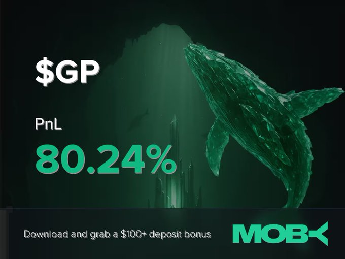 The image features a dramatic green whale silhouette alongside bold text highlighting a trader on Moby Mobile closing a **$GP** position with an impressive **+80.24% PnL**, visually reinforcing the "Win Alert" theme of the post through the rising whale imagery often associated with bullish trading success.