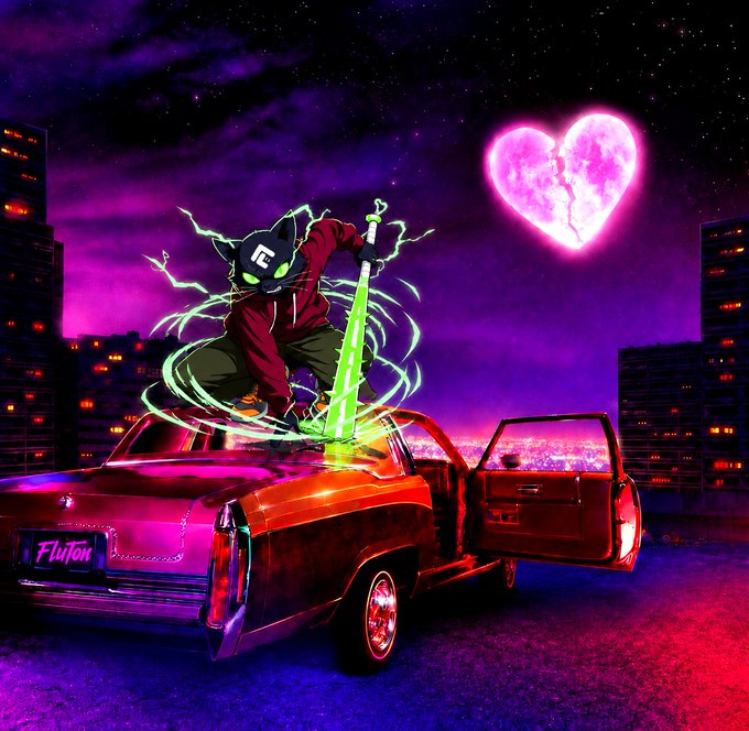 A vibrant vaporwave-style digital illustration of an anthropomorphic cat character wielding a glowing green sword atop a classic car with an open door, set against a purple night cityscape with a large cracked heart moon in the sky.