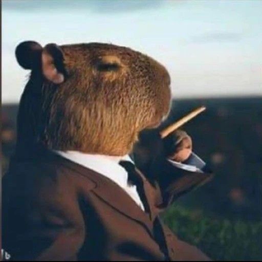 A capybara dressed in a brown suit and tie, smoking a cigarette with an air of suave sophistication against an outdoor backdrop.