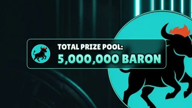 Graphic displaying "TOTAL PRIZE POOL: 5,000,000 BARON" in teal text with a bull logo silhouette against a dark background with vertical light streaks.