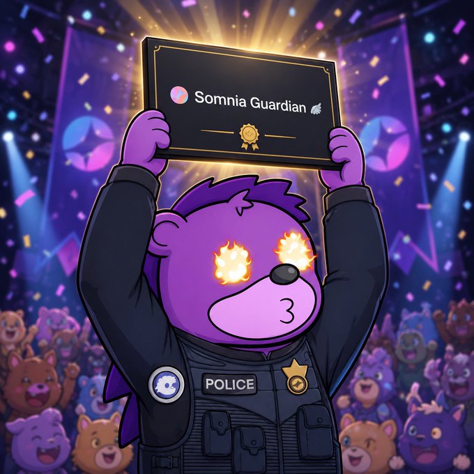 A digital illustration of a purple bear character in a police uniform with 'POLICE' on its vest, holding up a certificate labeled 'Somnia Guardian' with fiery eyes, surrounded by a cheering crowd.