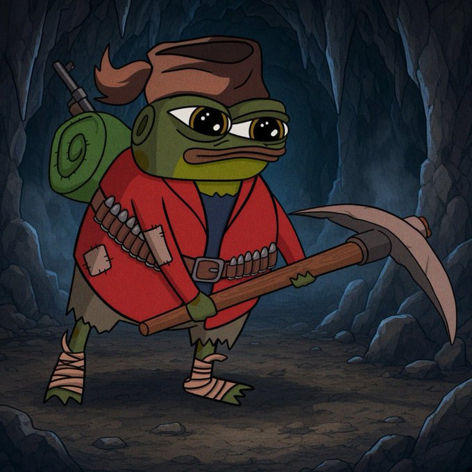 A digital drawing of a cartoon frog character dressed as a miner or adventurer, wearing a red patched coat and holding a pickaxe inside a dark cave.