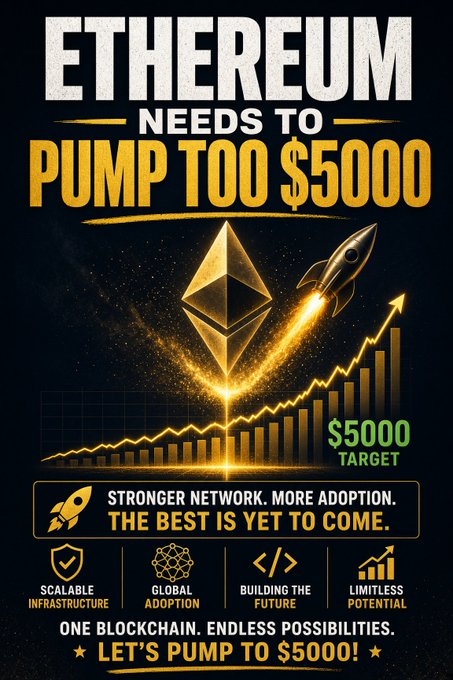Promotional graphic with "ETHEREUM NEEDS TO PUMP TOO $5000" headline featuring the Ethereum logo with a rocket, an upward trending chart, and text "$5000 TARGET", "STRONGER NETWORK. MORE ADOPTION. THE BEST IS YET TO COME."