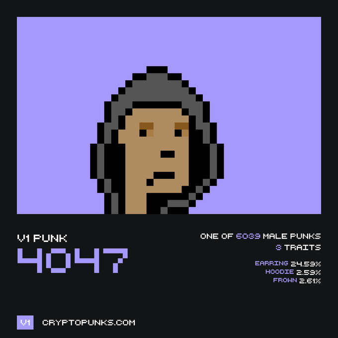 A digital artwork of CryptoPunk #4047, a pixel-art character with dark hood and headphones on a purple background, labeled as one of 6039 male punks with 3 traits (Earring, Hoodie, Frown).