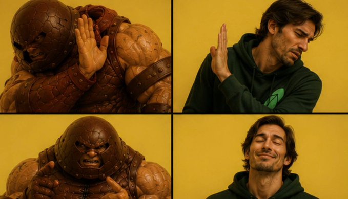 The image shows a side-by-side comparison of a Juggernaut cosplay mimicking the poses of a man in a green Robinhood hoodie, paired with the same man smiling contentedly. The post connects the two, suggesting Vlad is joking that the Robinhood mascot (the green-hooded figure) has evolved into a real-life Juggernaut, his favorite meme.