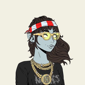 An illustration of a blue-skinned character wearing a red and white headband, sunglasses, and gold chains, representing a "Goddess" from the Solana-based collection.