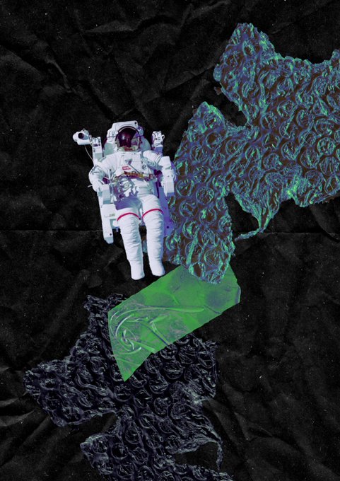 A surreal digital collage featuring an astronaut in a white spacesuit floating above a green abstract object, set against a dark, wrinkled paper background with a large iridescent blue-green textured shape.