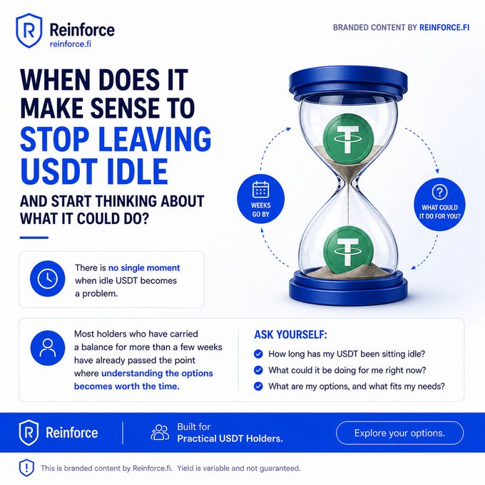 A branded infographic by Reinforce.fi asking 'WHEN DOES IT MAKE SENSE TO STOP LEAVING USDT IDLE' featuring an hourglass with Tether coins and questions for holders.