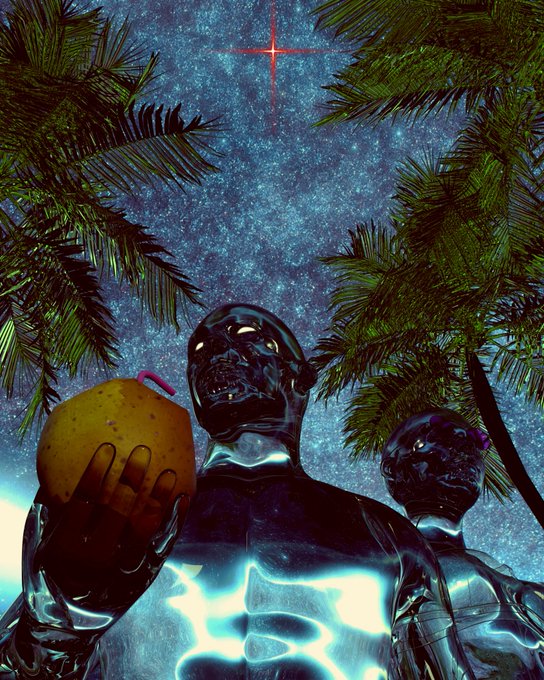 A surreal digital artwork depicts glossy dark humanoid figures with glowing blue accents on their bodies, one holding a coconut with a pink straw, set against a starry night sky framed by palm trees and a glowing red star.