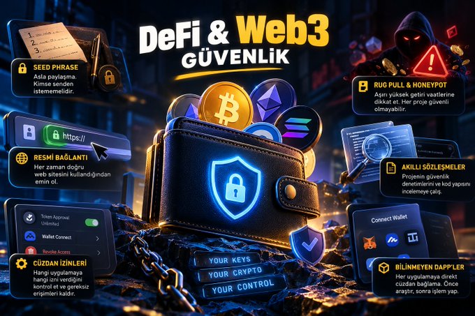 The image is a Turkish-language infographic titled "DeFi & Web3 GÜVENLİK" (DeFi & Web3 Security), featuring a central wallet icon with a glowing shield, surrounded by cryptocurrency symbols (Bitcoin, Ethereum, Solana). It displays security tips including "SEED PHRASE," "RESMİ BAĞLANTI," "RUG PULL & HONEYPOT," "CÜZDAN İZİNLERİ," "AKILLI SÖZLEŞMELER," and "BİLİNMEYEN DAPPLER," with the message "YOUR KEYS, YOUR CRYPTO, YOUR CONTROL" at the bottom — reinforcing the post's emphasis on essential security practices in the decentralized world.