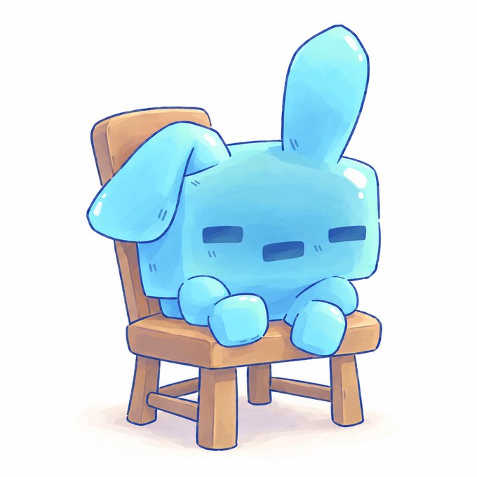 A cute watercolor-style illustration depicts a chubby blue bunny character with droopy ears sitting on a small wooden chair.