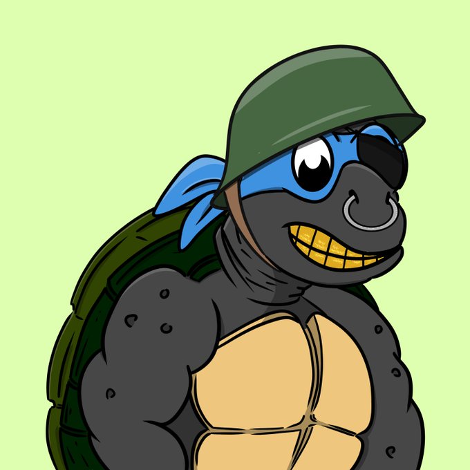 A cartoon turtle character wearing a military helmet and blue bandana, featuring a muscular build and gold teeth, on a light green background.