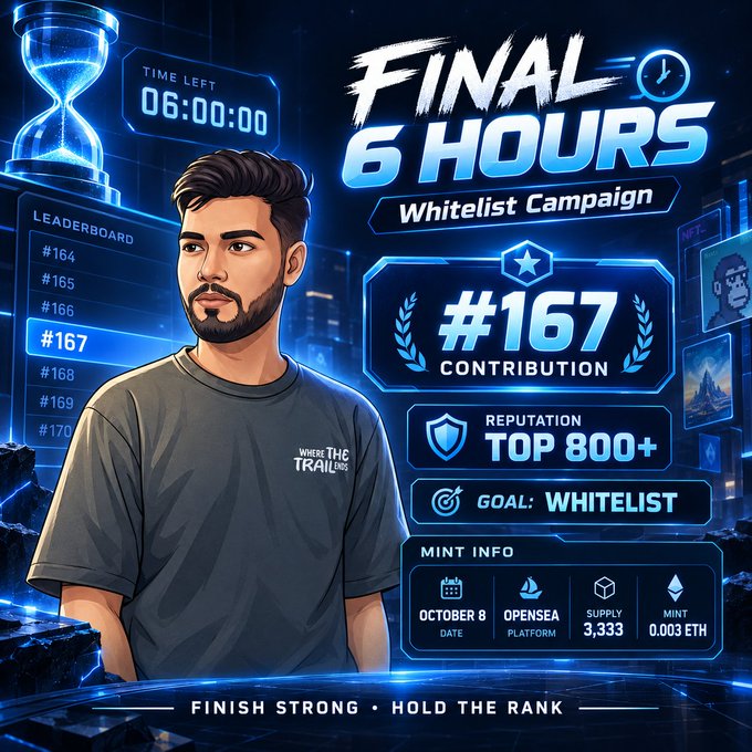 Promotional graphic for a "FINAL 6 HOURS Whitelist Campaign" showing a man in a "WHERE THE TRAIL INC" shirt at rank #167, with reputation "TOP 800+", mint info for October 8 on OpenSea with supply 3,333 and mint 0.003 ETH.