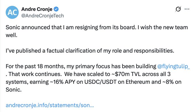 The image features a screenshot of a message posted on a social media platform, possibly Twitter or Facebook. The post discusses a recent announcement from Sonic Labs that they are resigning from their board due to changes in management. The main speaker of this post is Andre Cromej, and he shares the contents of the notice with his followers. Several words can be observed in the screenshot, such as "resign", "board", "auditor", and "board".