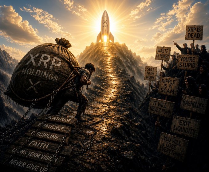 An XRP investor carries a heavy "XRP HOLDINGS" bag up a mountain staircase toward a rocket labeled "XRP," stepping on stones marked "Fortitude, Patience, Discipline, Faith, Long Term Vision, Never Give Up" while critics hold signs reading "XRP IS DEAD," "SELL NOW," "RIPPLE IS A SCAM," and "YOU WILL LOSE EVERYTHING," visually representing the post's optimistic "Moon Overnight" theory that XRP could surge 58,900% despite skeptics and a current price hovering around $1.40-$1.52.