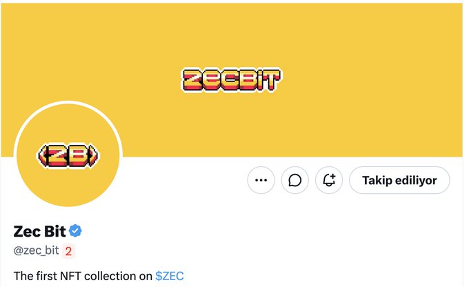 A screenshot of the verified Twitter profile for "Zec Bit" (@zec_bit), displaying its pixelated "ZECBIT" logo on a yellow background with the bio reading "The first NFT collection on $ZEC." The image corresponds to the post announcing it as the first NFT collection in the Zcash ecosystem, offering a free mint and a giveaway for 2 guaranteed whitelist spots.
