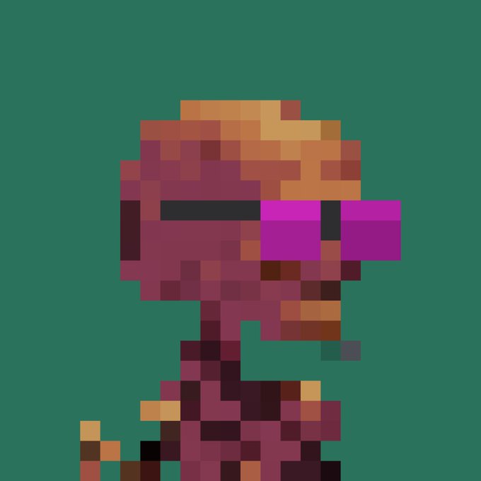 A pixelated 8-bit style illustration of a character with orange hair and a magenta visor, set against a solid green background.