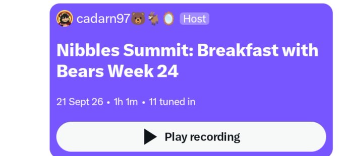 A purple Spotify listening party card displays 'Nibbles Summit: Breakfast with Bears Week 24' hosted by 'cadarn97' with 11 people tuned in on 21 Sept 26.