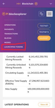 A screenshot of a blockchain explorer app for 'Pi blockchain' (testnet/testnet2) with the 'LAUNCHPAD TOKENS' menu option highlighted by a red box, showing token supply statistics.