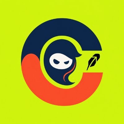 A logo on a lime green background featuring a stylized ninja face in a circular design with red and dark blue elements.