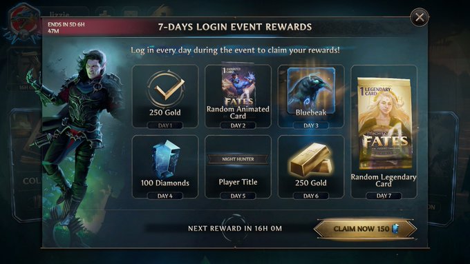 A mobile game screenshot displays a '7-DAYS LOGIN EVENT REWARDS' screen with daily prizes including 250 Gold, Random Animated Card, Bluebeak, 100 Diamonds, Player Title 'Night Hunter', another 250 Gold, and Random Legendary Card, showing 47M remaining in 5D 6H.