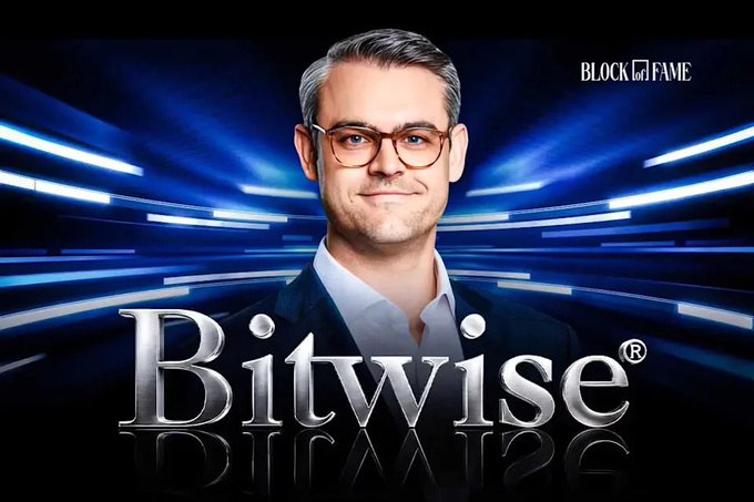A promotional graphic featuring a man with glasses against a dynamic blue background, with the text 'BLOCK FAME' and the Bitwise logo prominently displayed.