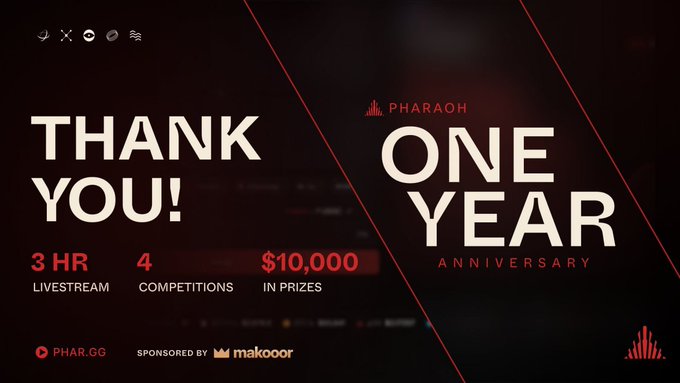 The image is a "THANK YOU!" one-year anniversary graphic for Pharaoh, sponsored by Makoorr, promoting a 3-hour livestream event with 4 competitions and $10,000 in prizes. The caption celebrates Pharaoh's anniversary competition winners, matching the celebratory thank-you message shown in the image.