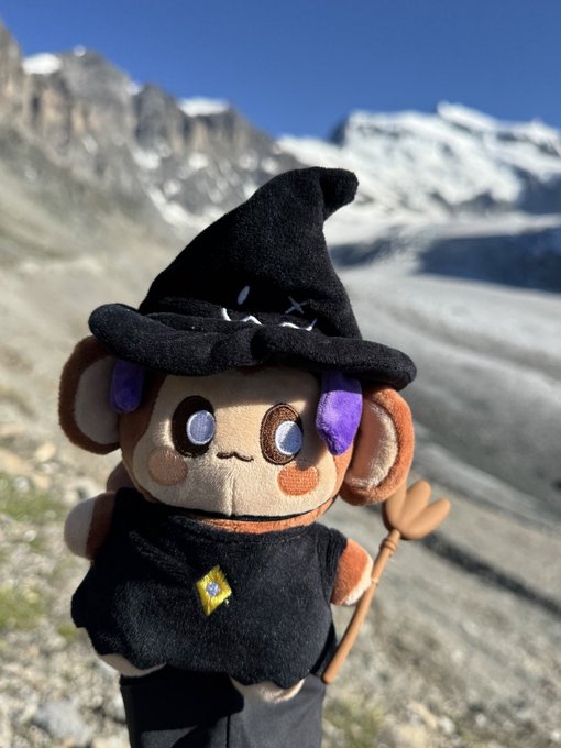 A plush toy monkey dressed in a black witch costume with a pointed hat and broom, photographed outdoors with snow-capped mountains in the background.