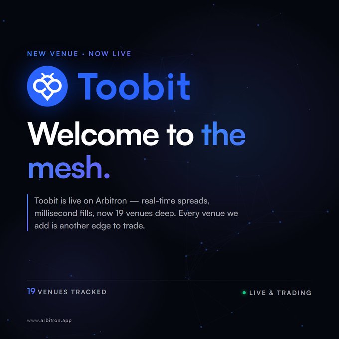 The image features a dark blue background with white text that reads "Welcome to the mesh." The text also includes a website address, which is "www.ArbitronApp.com", suggesting that this content may be related to Bitcoin or cryptocurrency.