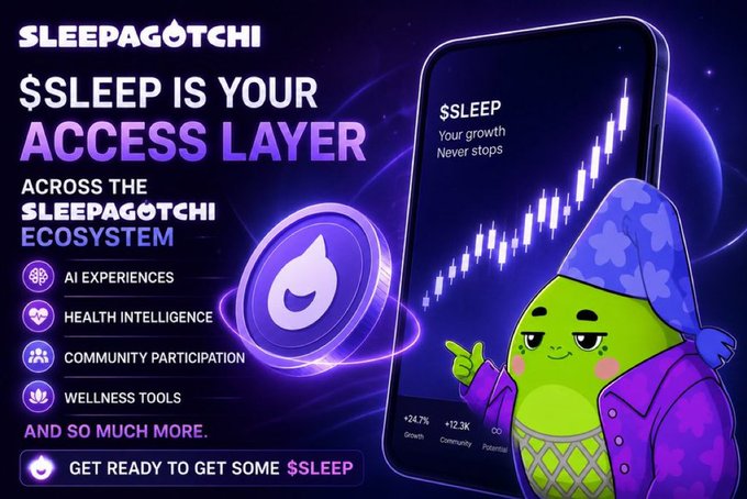 The image features an animated cartoon character, likely a frog or a turtle, wearing a sleep hat and holding a coin. The background of the image is dark blue with a purple border. In front of the character, there's a cell phone displaying information about SLEEP and its connection to the ecosystem. The text in the image reads: "SLEEP is your access layer that connects the entire @sleepagotchi ecosystem". This suggests that the image is promoting an app or service related to sleep management and personal well-being, possibly offering features such as tracking sleep patterns, providing tips for better sleep hygiene, or even connecting users with other wellness enthusiasts.