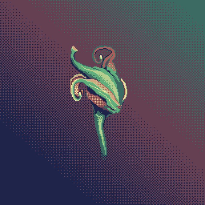 Pixel art illustration of a green and pink flower bud against a dark blue and teal gradient background.